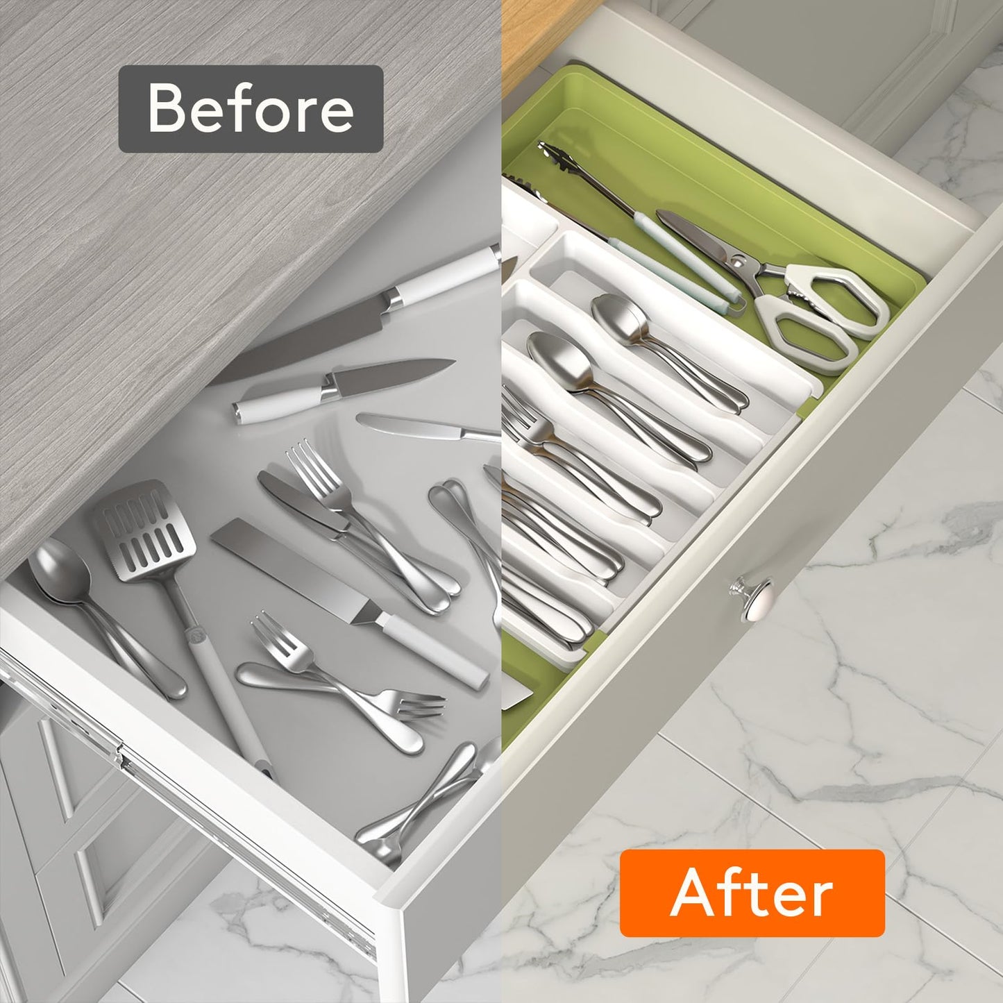 Lifewit Silverware Drawer Organizer, Expandable Utensil Tray for Kitchen, BPA Free Flatware and Cutlery Holder, Adjustable Plastic Storage for Spoons Forks Knives, 13-22 x 15", Green&White