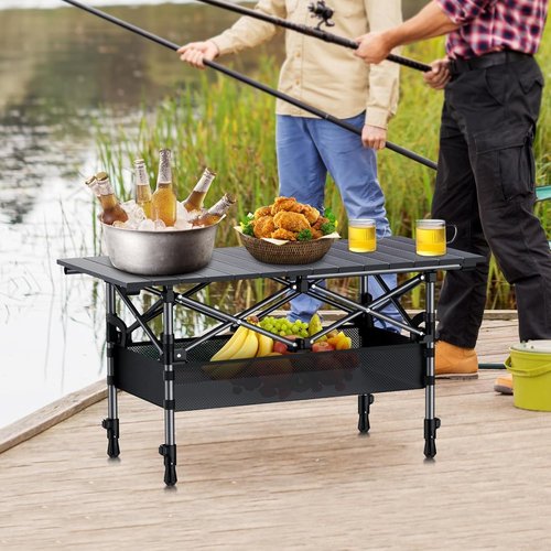 Anbte Aluminum Camping Table - 3ft Adjustable Height with Storage Net & Bag | Lightweight Roll-Up for Indoor/Outdoor Use, Black