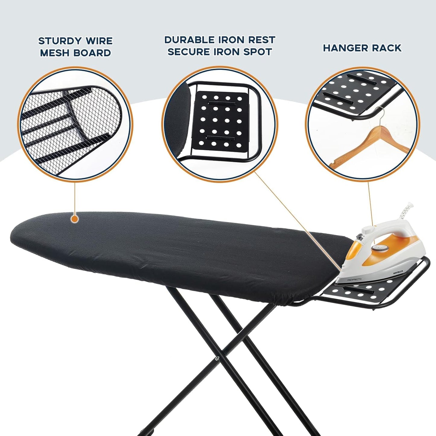 RAINHOL Heavy Duty Ironing Board - 54"x13" Compact Design with Heat Resistant Cover & Adjustable Height | Black