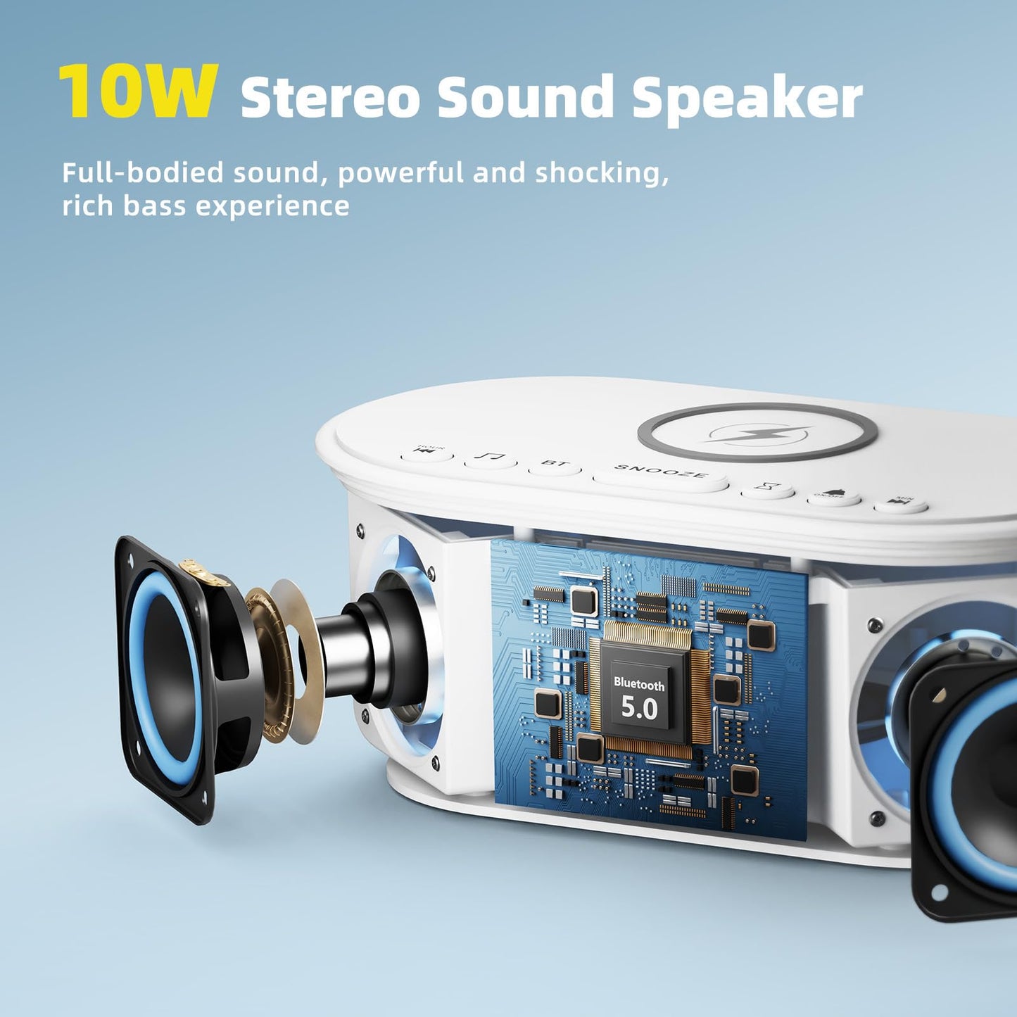 Odokee Sound Machine Alarm Clock Wireless Charger: Bluetooth 10W Stereo Sound Speaker Bedroom - White Noise Machine for Sleeping with 21 Soothing Sounds