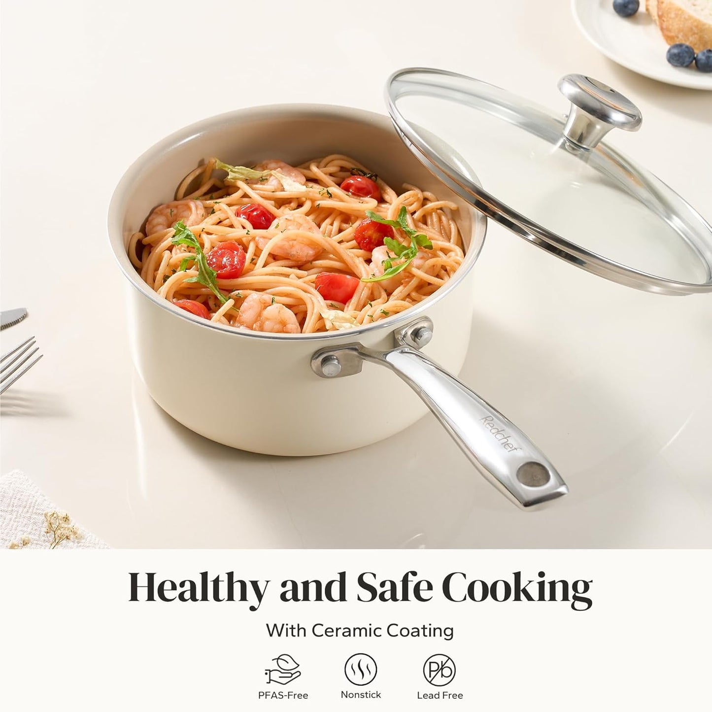 Redchef Ceramic Sauce Pan - 2.5QT Nonstick Cooking Pot with Lid & Stay-Cool Handle | Beige, PTFE & PFOA Free