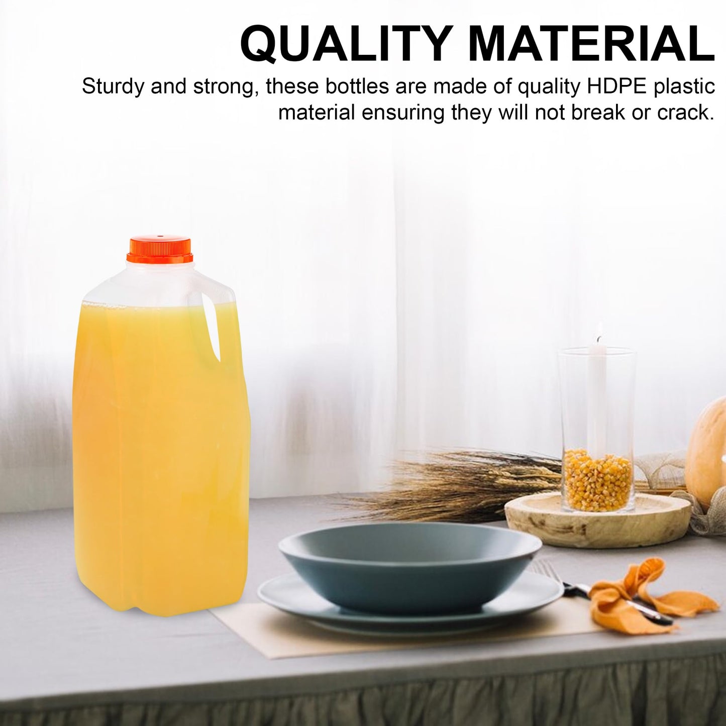 MT Products 64 Oz HDPE Plastic Juice Bottles with Orange Tamper Evident Caps Set of 6 Bottles and 6 Caps - Made in The USA