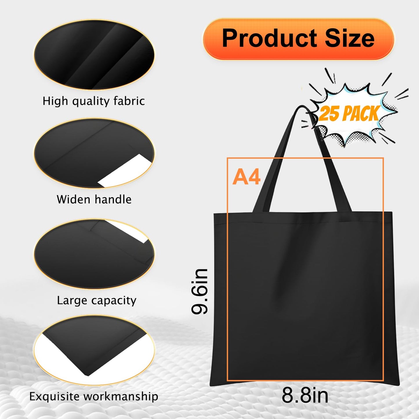 5 | 25 | 50 Pack Economical Reusable Canvas Tote Bag, 10 Oz Washable Thicken Grocery Bag, Plain Canvas Bags with Handles, Blank Bag Suitable for DIY, Tote Bags to Paint(Black) (25, 8.8 x 9.6 Inch)