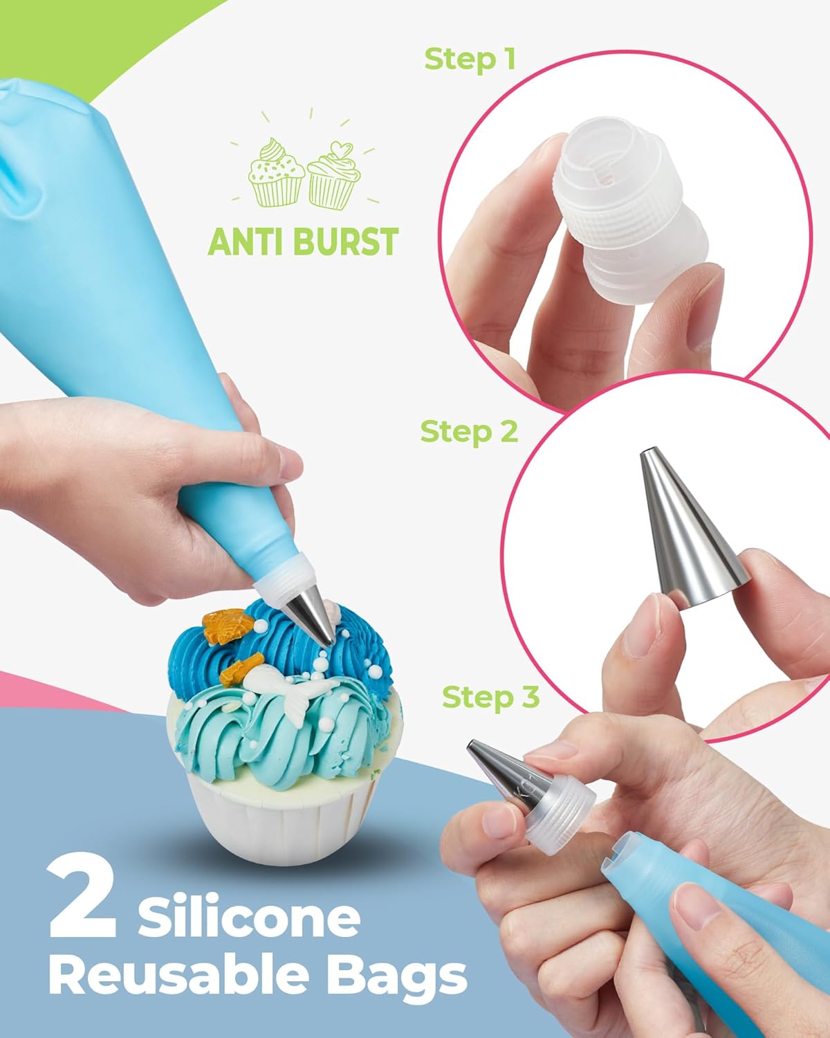 Kootek 32-Piece Cake Decorating Kit - 24 Icing Piping Tips & 2 Reusable 12-Inch Bags