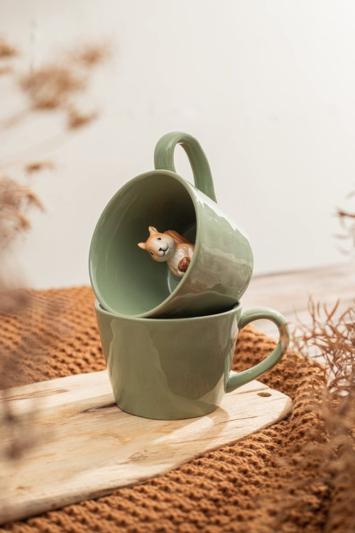 DIHOclub Squirrel Ceramic Cup Hidden 3D Animal Inside Mug,Cute Cartoon Handmade Figurine Mugs,Holiday and Birthday Gift for Coffee Milk Tea Lovers,12 OZ(Light Green)