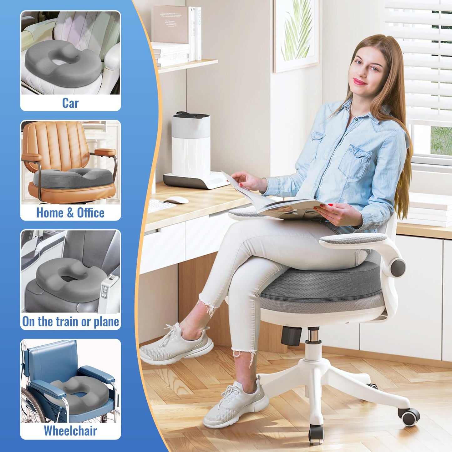 CloudBliss Donut Pillow Seat Cushion Chair Pad for Tailbone Pain Relief and Hemorrhoids, Memory Foam Seat Chair Cushion for Men and Women for Home & Office, (Light Grey-XL)