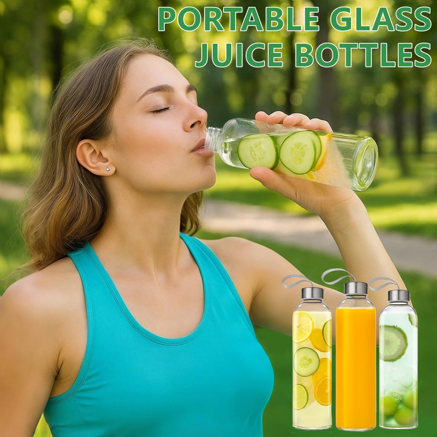 UPBUD 12 Pack 18oz Glass Bottles with Lids Carry Strap for Juicing, Reusable Clear Glass Water Bottle with Stainless Steel Airtight Cap for Refrigerator, 100% Leak Proof, BPA Free Drinking Jar