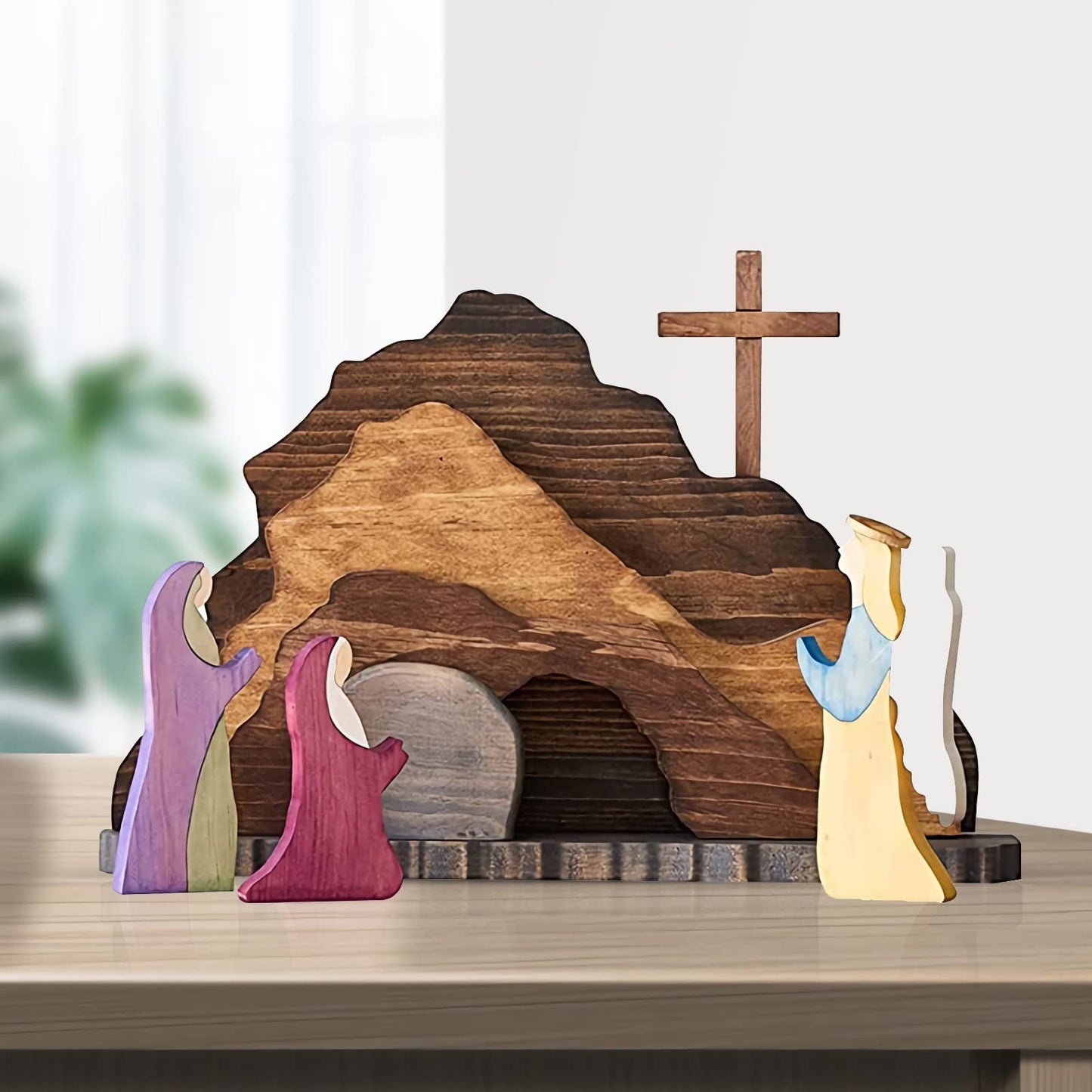 KUJAIS Easter Scene Wooden Decorations - Empty Tomb Easter Resurrection Scene Set and Cross Decoration - Religious Christian Jesus Nativity Decor for Home Table Office