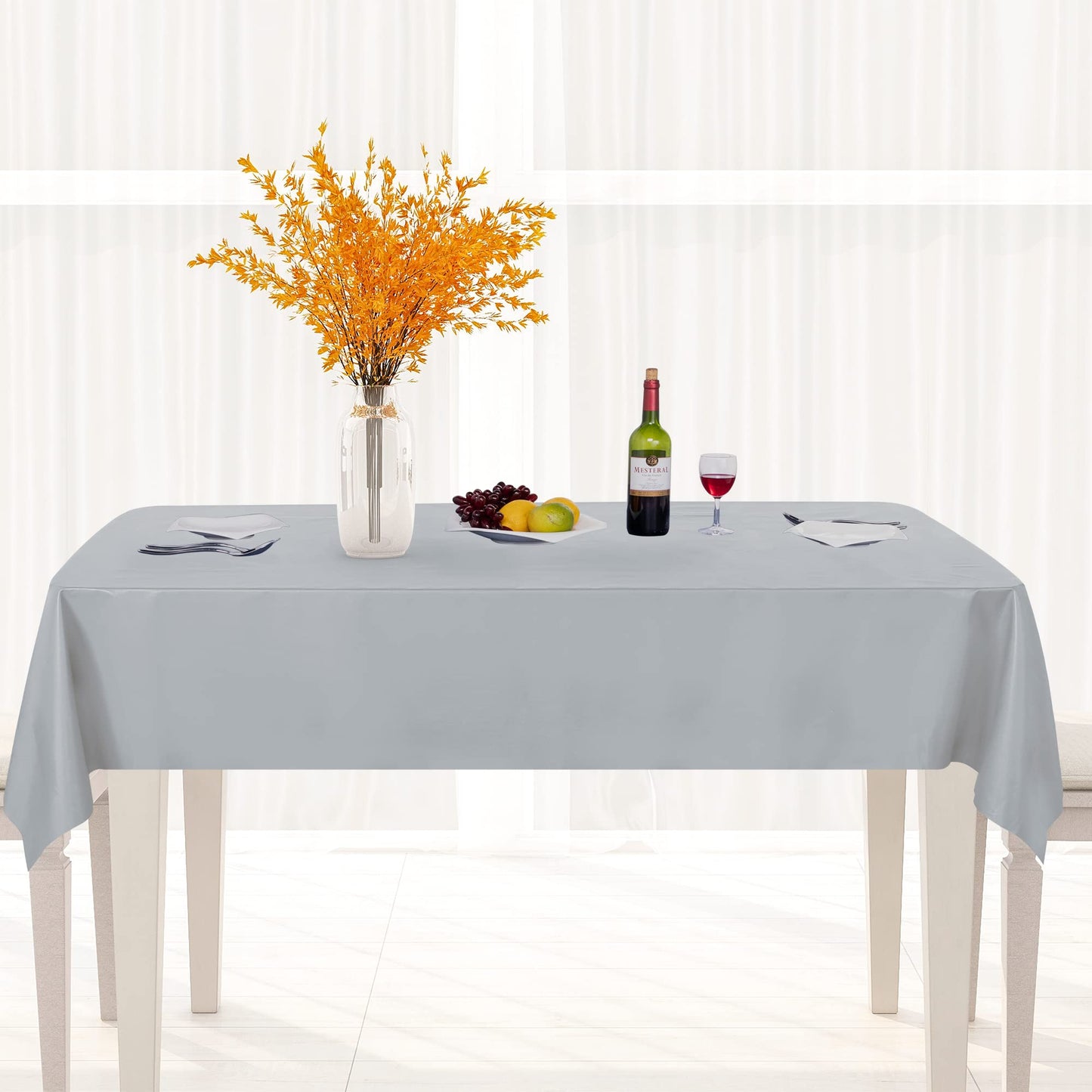 sancua 100% Waterproof Rectangle PVC Tablecloth - 70 x 120 Inch - Oil Proof Spill Proof Vinyl Table Cloth, Wipe Clean Table Cover for Dining Tables, Buffet Parties and Camping, Sliver Grey