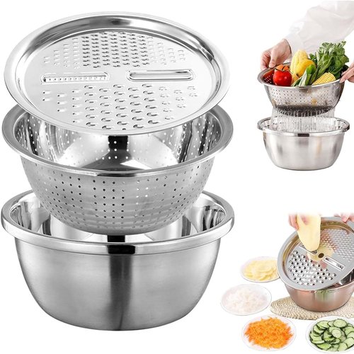 Germany Multifunctional Stainless Steel Basin - 3-in-1 Vegetable Cutter, Slicer & Strainer (10.2")