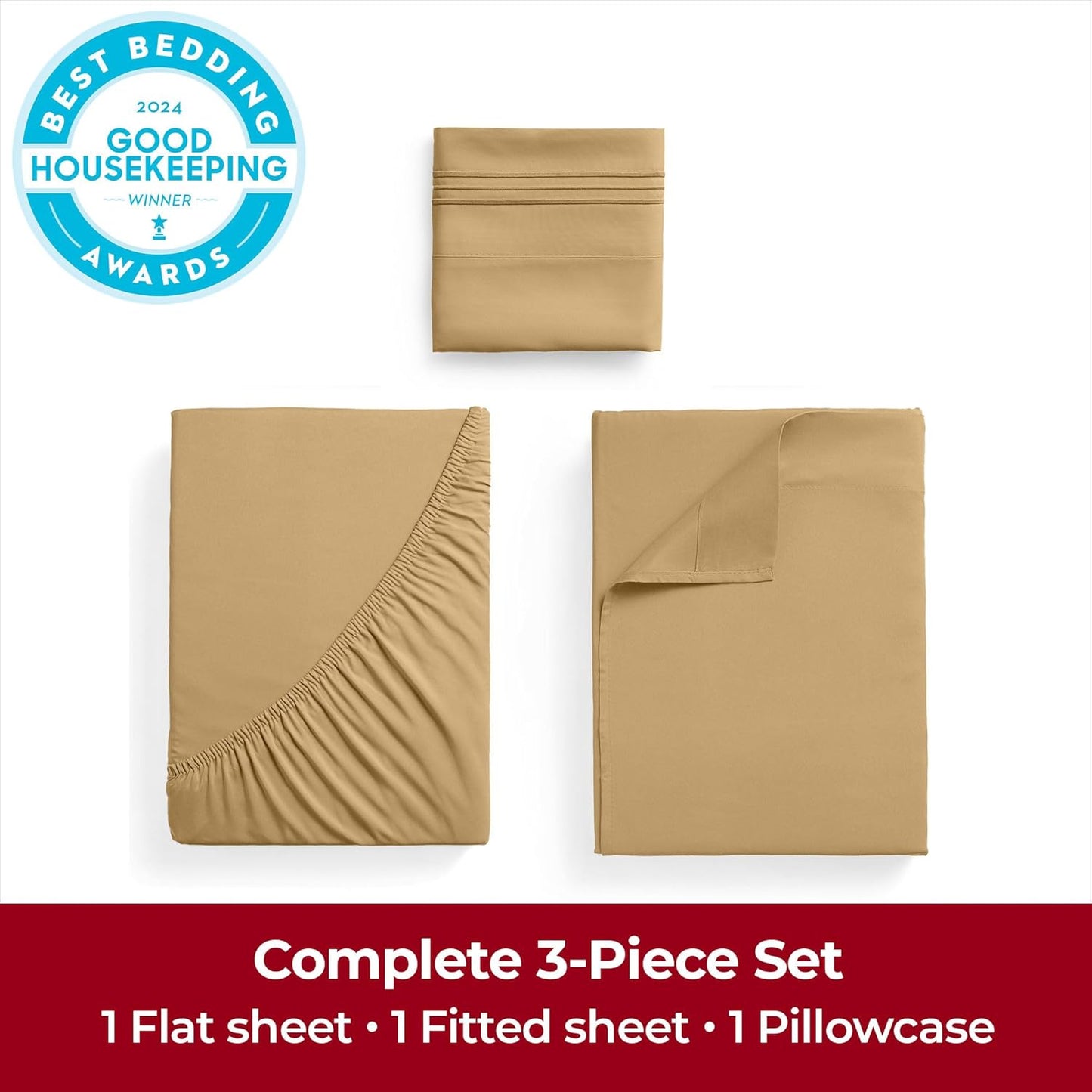 Mellanni Twin XL Sheets Set - 3 PC Hotel Luxury Bedding | Extra Soft, Cooling, Wrinkle-Resistant (Gold)