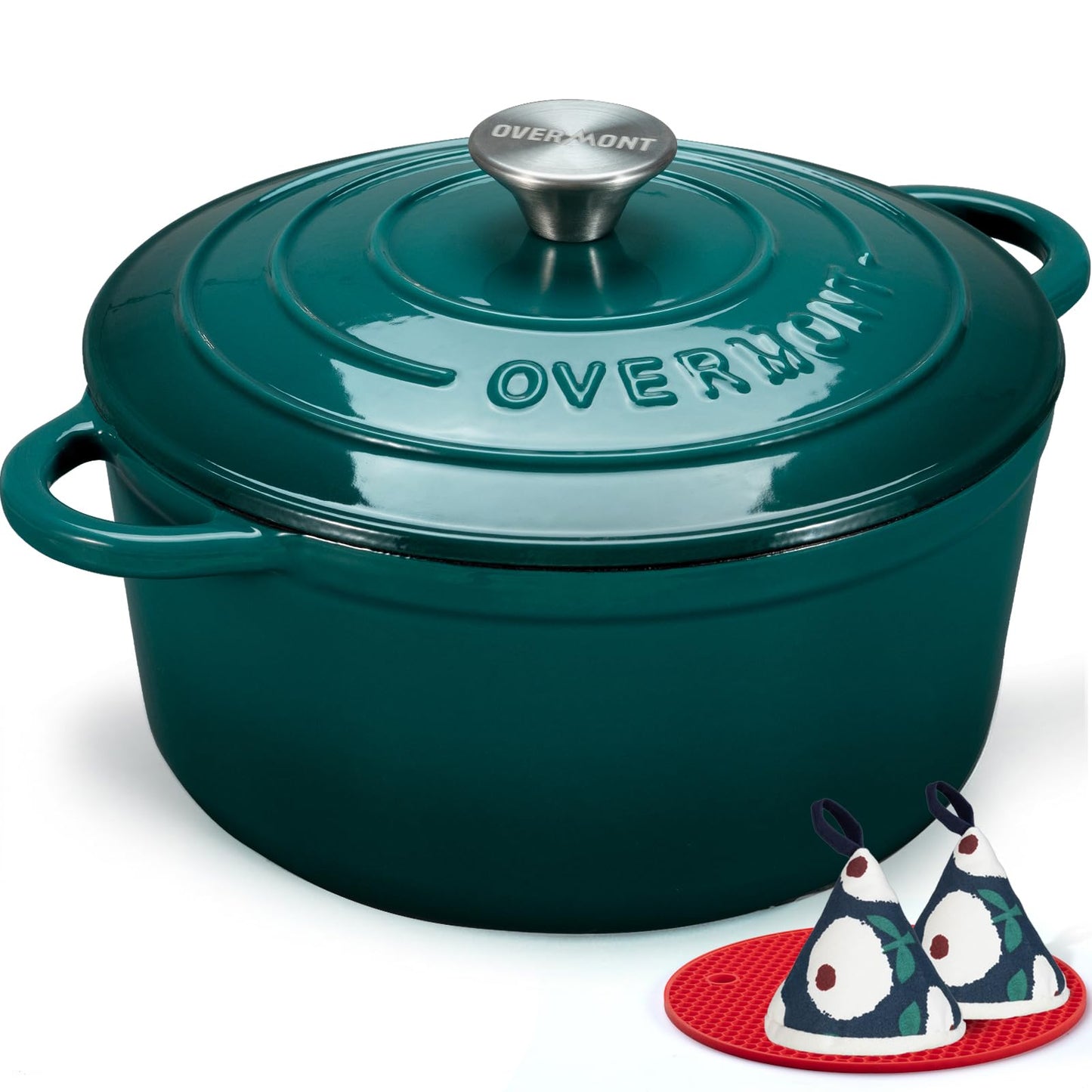 Overmont Enameled Cast Iron Dutch Oven - 5.5QT Pot with Lid Cookbook & Cotton Potholders - Heavy-Duty Cookware for Braising, Stews, Roasting, Sourdough Baking bottle green