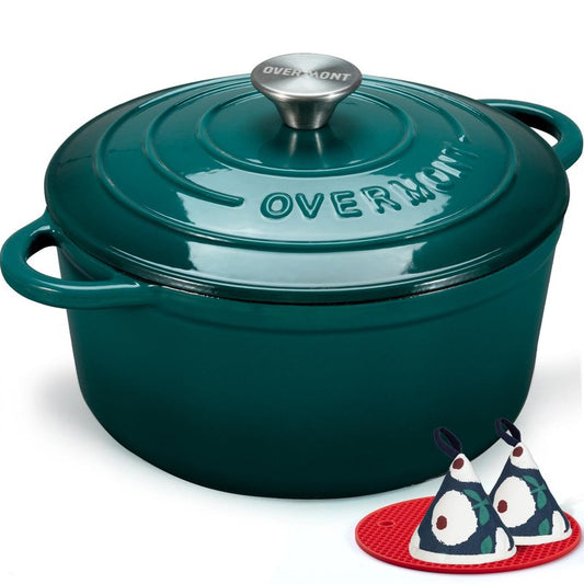 Overmont Enameled Cast Iron Dutch Oven - 5.5QT Pot with Lid Cookbook & Cotton Potholders - Heavy-Duty Cookware for Braising, Stews, Roasting, Sourdough Baking bottle green