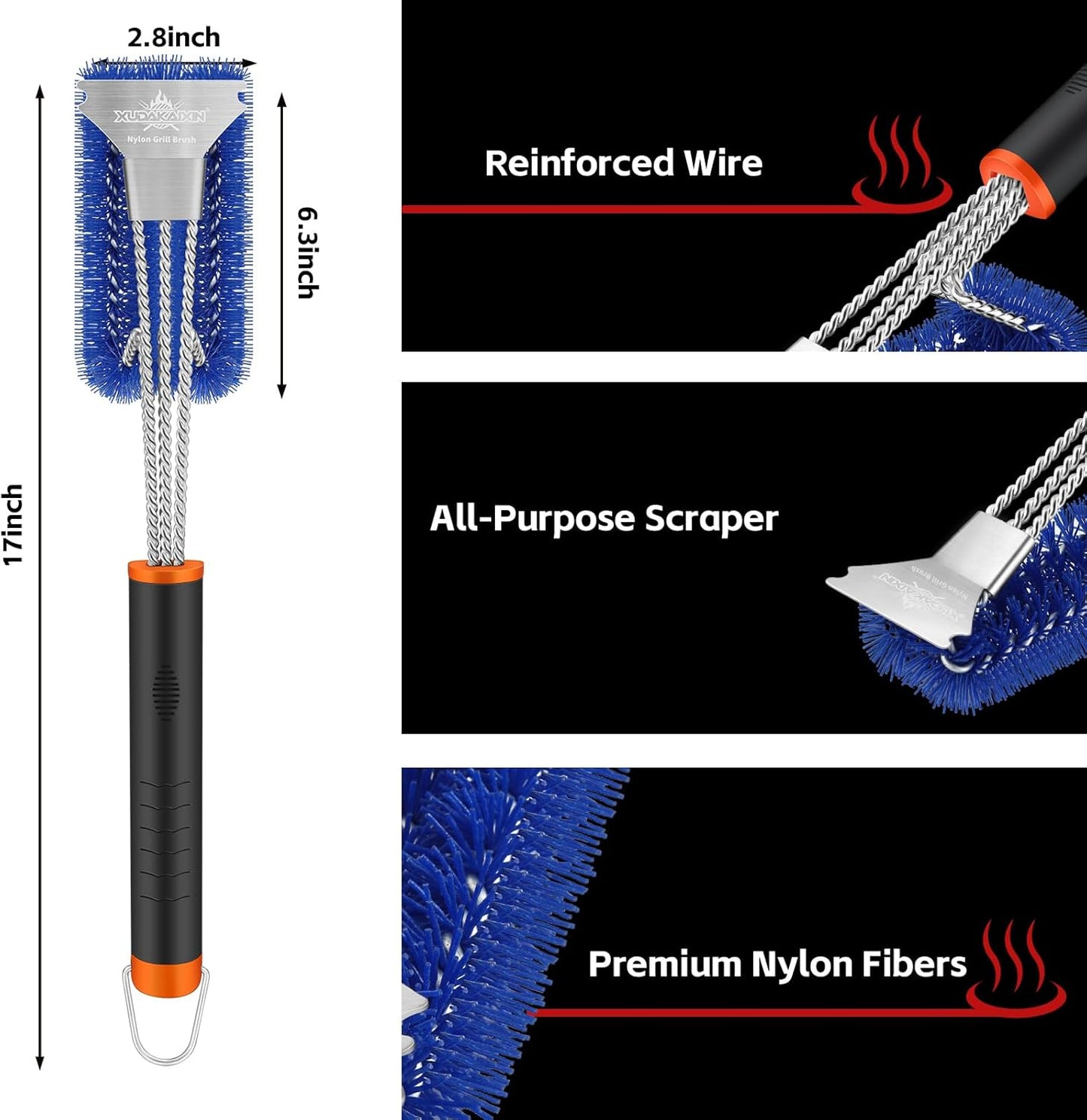 XUDAKAIXIN Grill Brush - Safe Nylon Bristles for Effective BBQ Cleaning | Durable Outdoor Grill Tool (Blue)