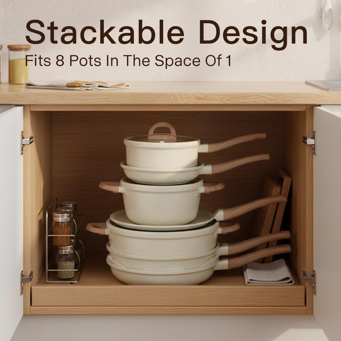 Pots and Pans Set Non Stick Non-Toxic 22 Pcs Ceramic Cookware Sets Nonstick Kitchen Pot&Pan With Lid Cream White Granite Induction Compatible with Glass Lids Crepe Frying Pan PFOA/PFOS-Free