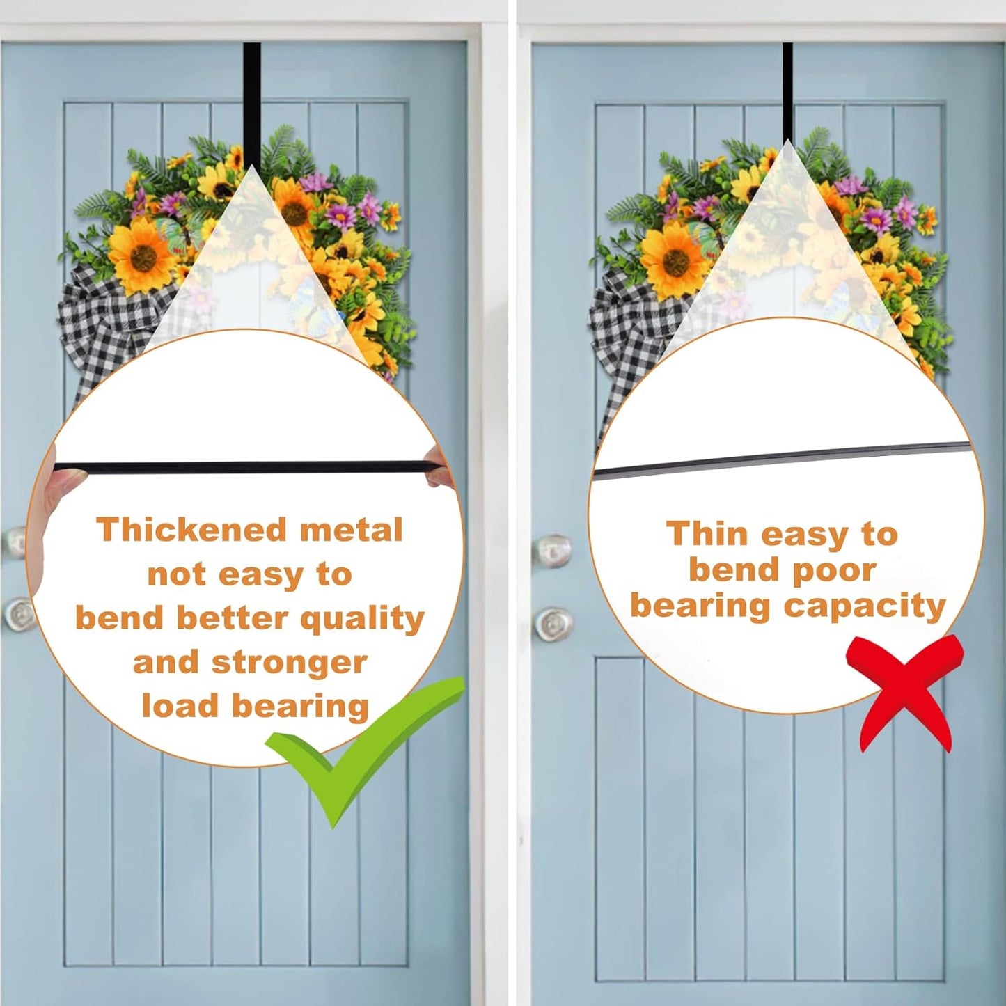 PECULA Wreath Hangers - 2 Pack 14" Metal Hangers for Front Door | 40lb Load-Bearing, Black Finish