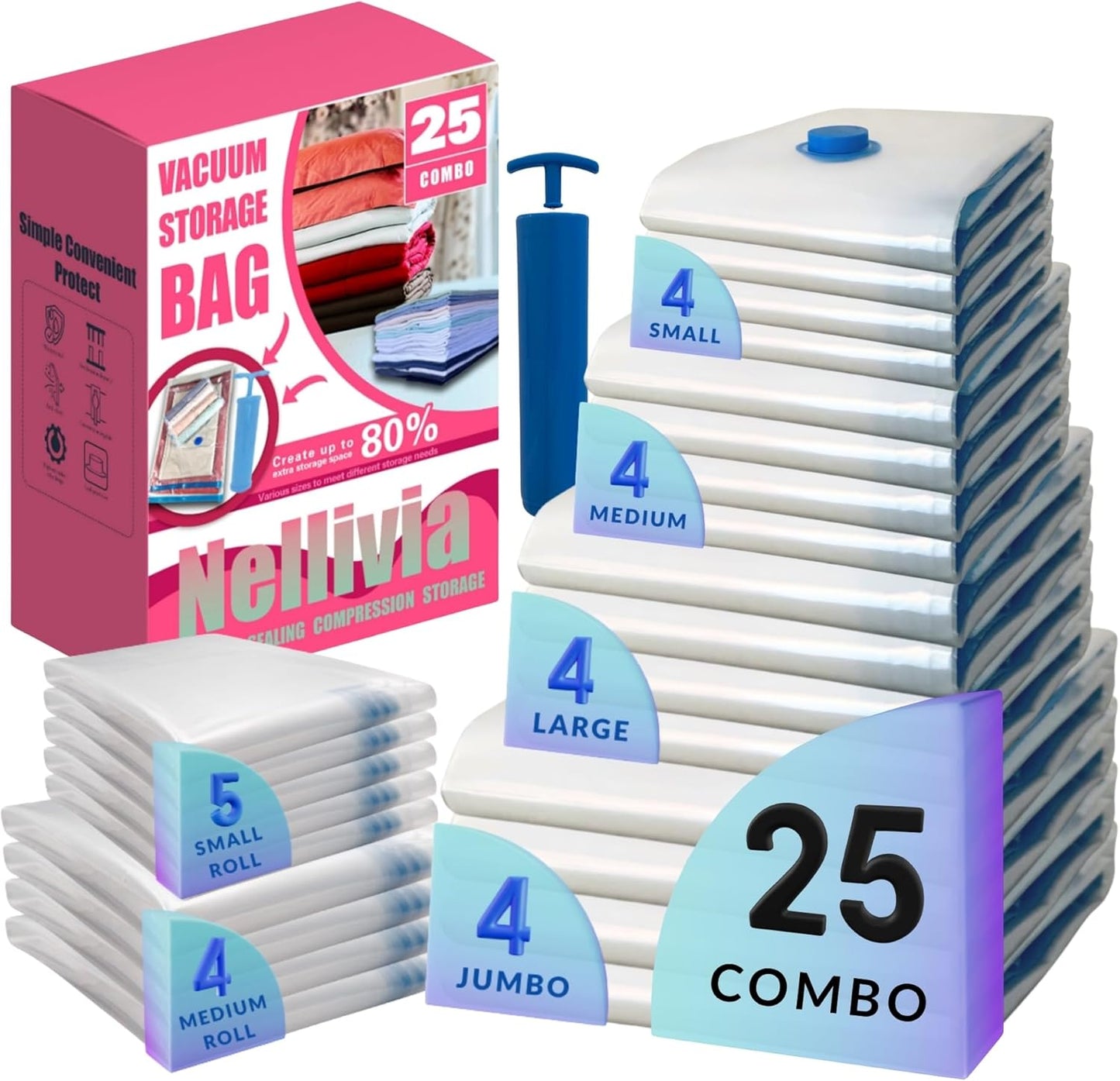Skiennix Vacuum Storage Bags - 25 Pack Compression Space Saver for Bedding & Clothing | Travel & Closet Organizer