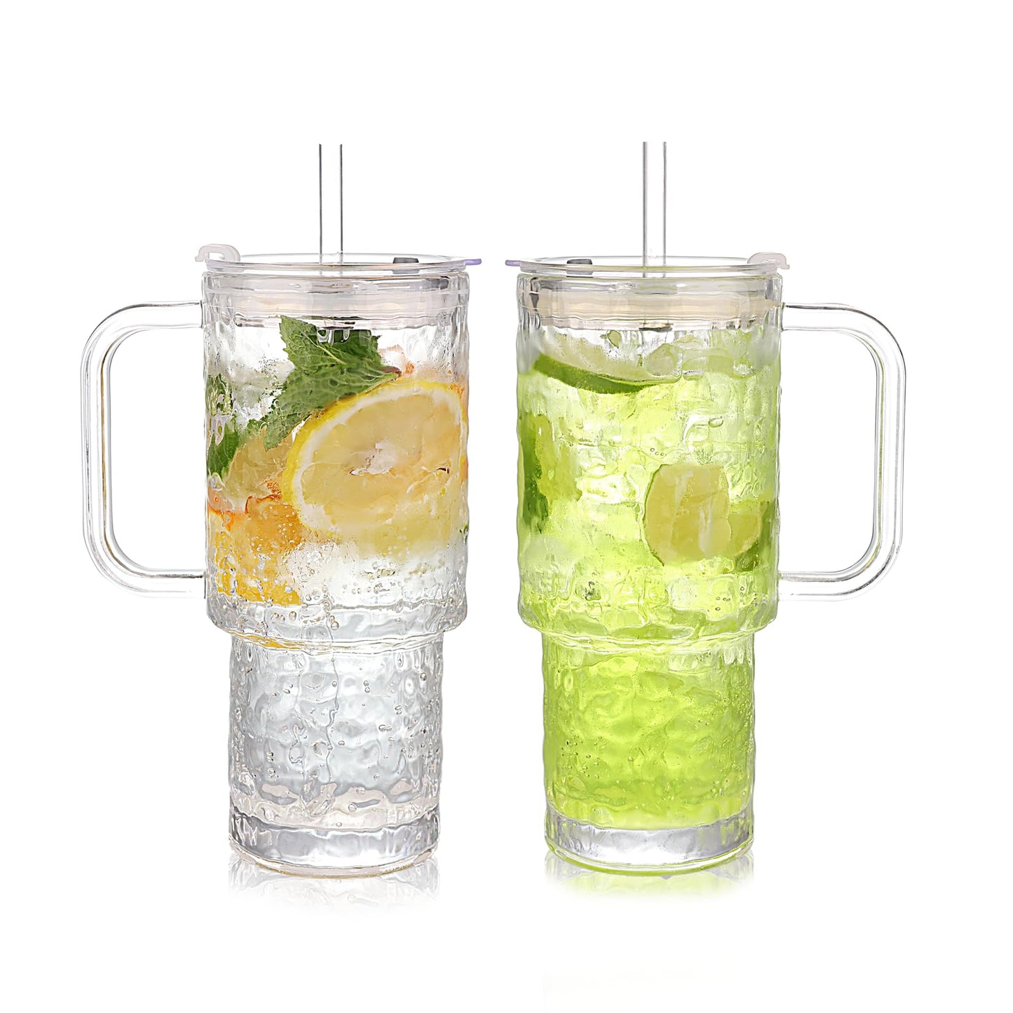 WeirdUncle Glass Tumbler with Handle, Lid and Straw, 26oz Thickened Iced coffee drinking glasses, Large capacity, Unbreakable, Ideal for Office, Travel, Every Day use and Gift (Clear Hammered)