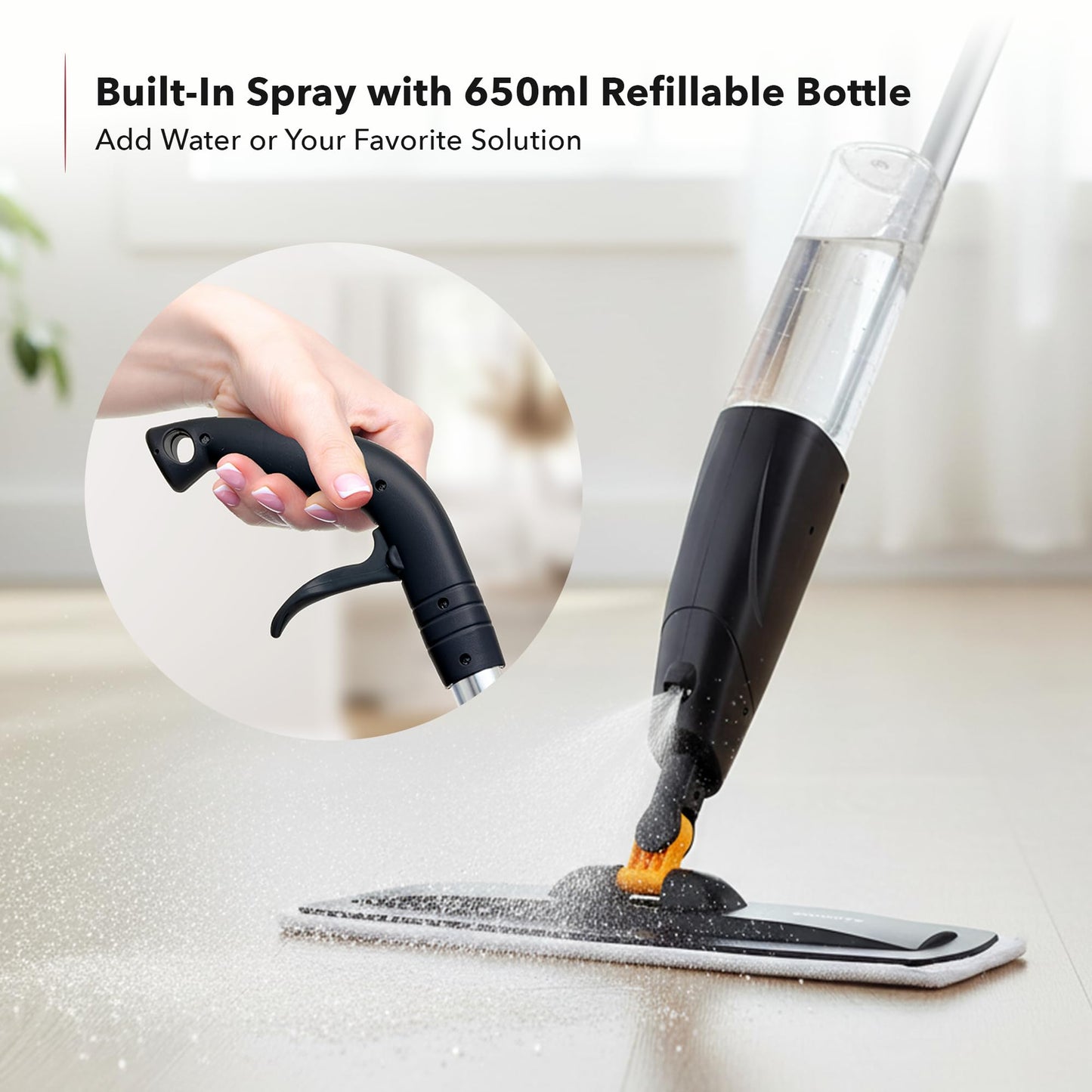 OVENTE Microfiber Spray Mop for Floor Cleaning with Refillable Bottle, Washable and Reusable Pad, 360° Spin Flat Cordless Wet Scrubber for Hardwood, Ceramic, Laminate and Vinyl Tiles, Black CTM121BGD
