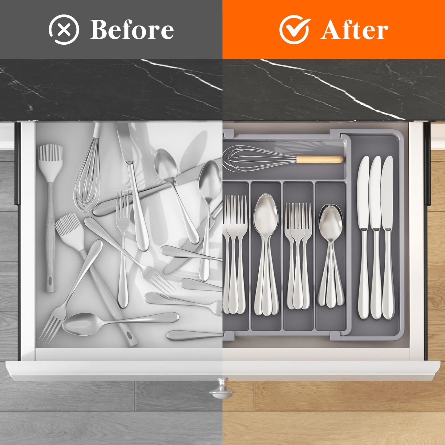 Lifewit Silverware Drawer Organizer, Expandable Utensil Tray for Kitchen, BPA Free Flatware and Cutlery Holder, Adjustable Plastic Storage for Spoons Forks Knives, 8.5-14 x 12", Gray