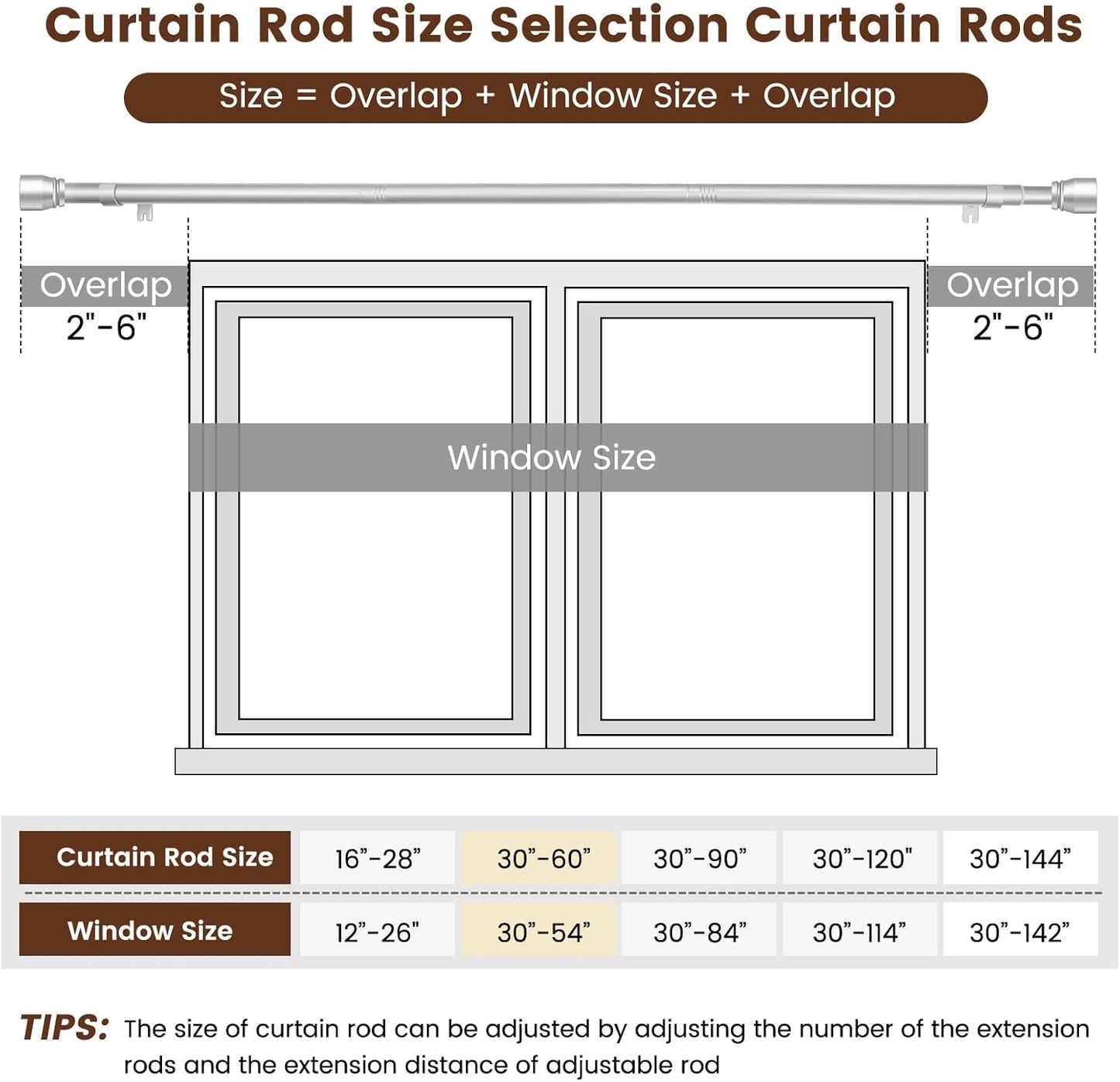 Silver Curtain Rod by [Brand Name] - Heavy Duty Adjustable Telescopic Design | Fits 30-54 Inch Windows