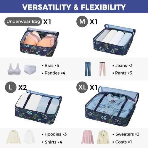 BAGAIL Packing Cubes Set - 8 Travel Organizers for Efficient Luggage Packing | Navy Leaf Design
