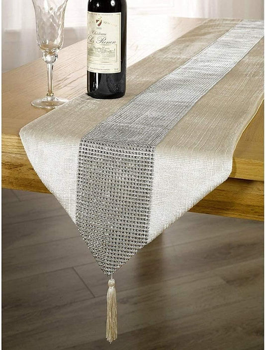 Black 13x72 Inch Table Runner with Diamante Strip & Tassels - Elegant Home Decor