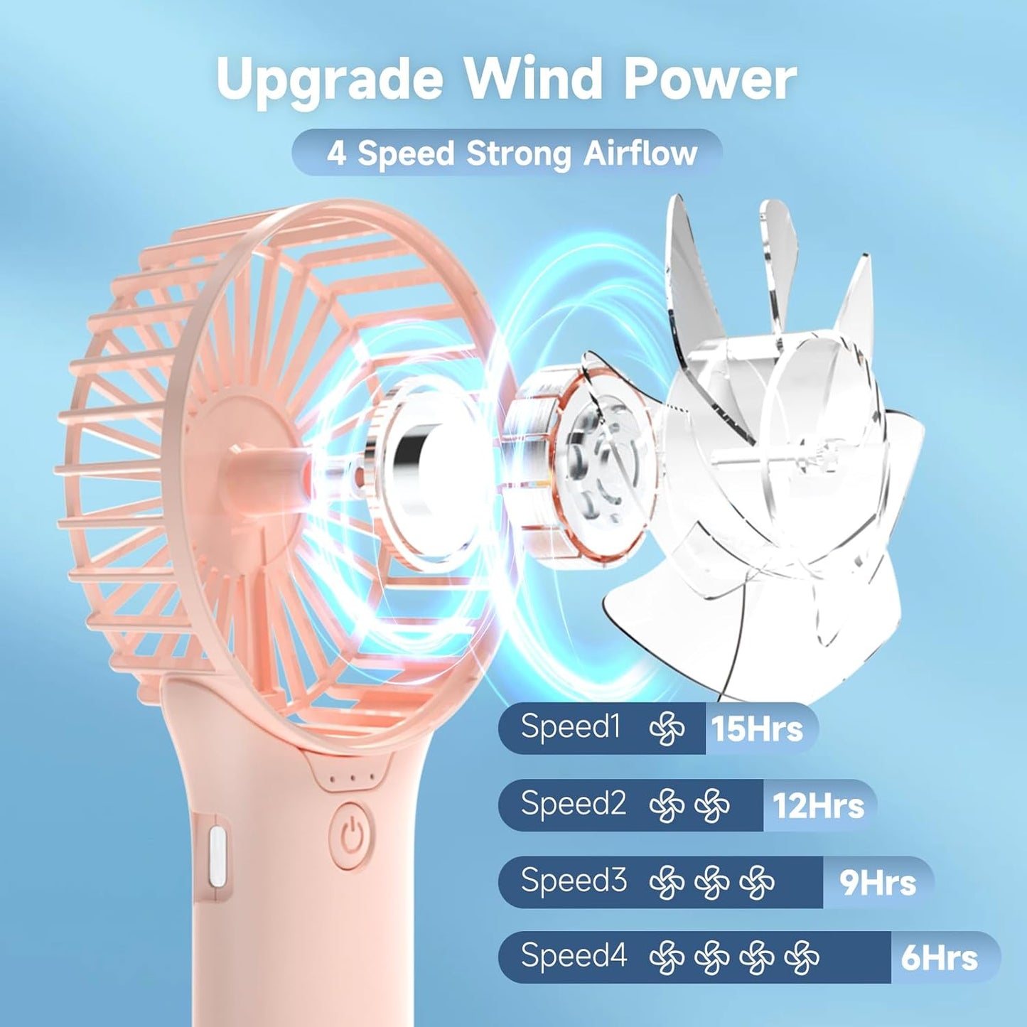 QQT Mini Handheld Fan - 4 Speed Adjustable USB Rechargeable Portable Fan with Mirror | Pink, 20-Hour Battery Life