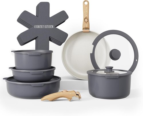 Country Kitchen Cookware Set - Removable Handle, Oven & RV Safe Pots and Pans, Grey/Ivory