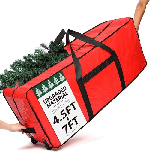 HOMEST Christmas Tree Storage Bag - Zippered Design with Wheels & Handles for 4.5-7 ft Trees | Red