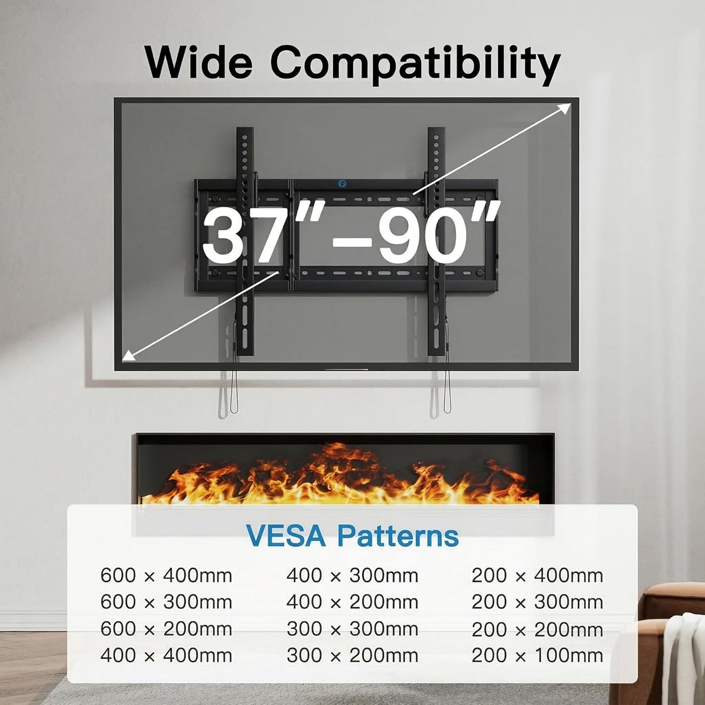 Pipishell Tilt TV Wall Mount Bracket - Low Profile for 37-90 Inch TVs | Fits 16"-24" Wood Studs, Max VESA 600x400mm, Holds 132lbs
