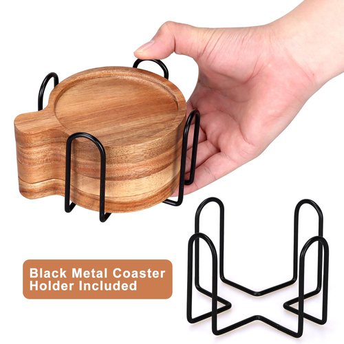 Best Wooden Handle Coasters Set of 4 with Holder Coffee Table Decor Acacia Wood Coaster for Living Room Modern Cup Coaster for Drink Home Kitchen Dining Accessories Bar Farmhouse Outdoor Decorative