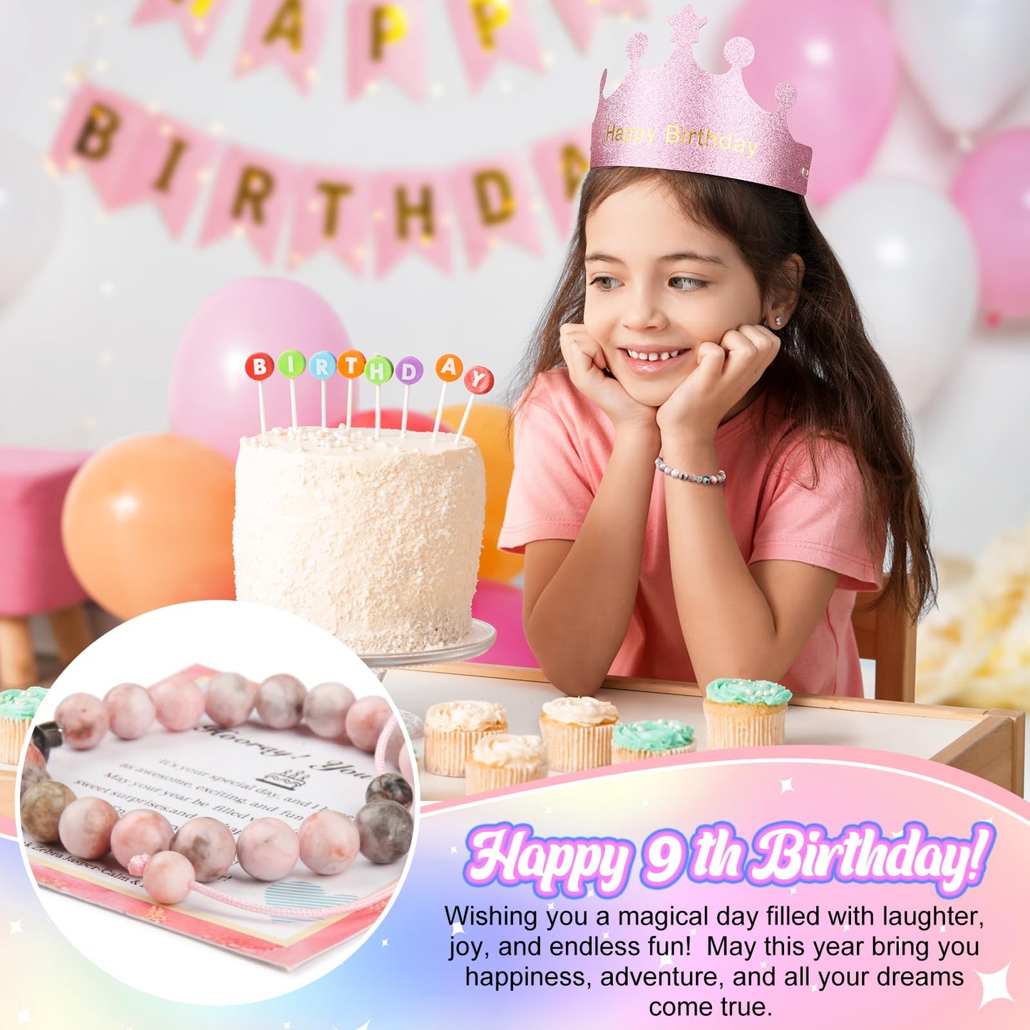 ZZTDSD 9 Year Old Girl Birthday Gift Set, Gifts for 9 Year Old Girls with Glass Cup (16oz), Socks, Pearl Necklace, Beaded Bracelet, Birthday Hat, Sash & Card