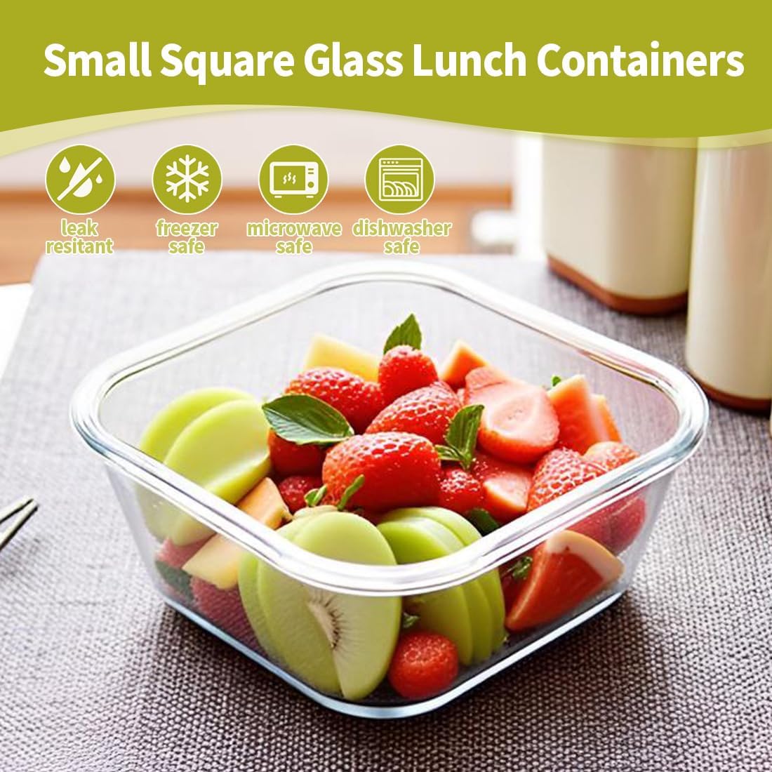 Skiennix 2-Cup Square Glass Food Storage Containers - Airtight, Leak-Proof, BPA-Free | Small 16oz Meal Prep Bowls