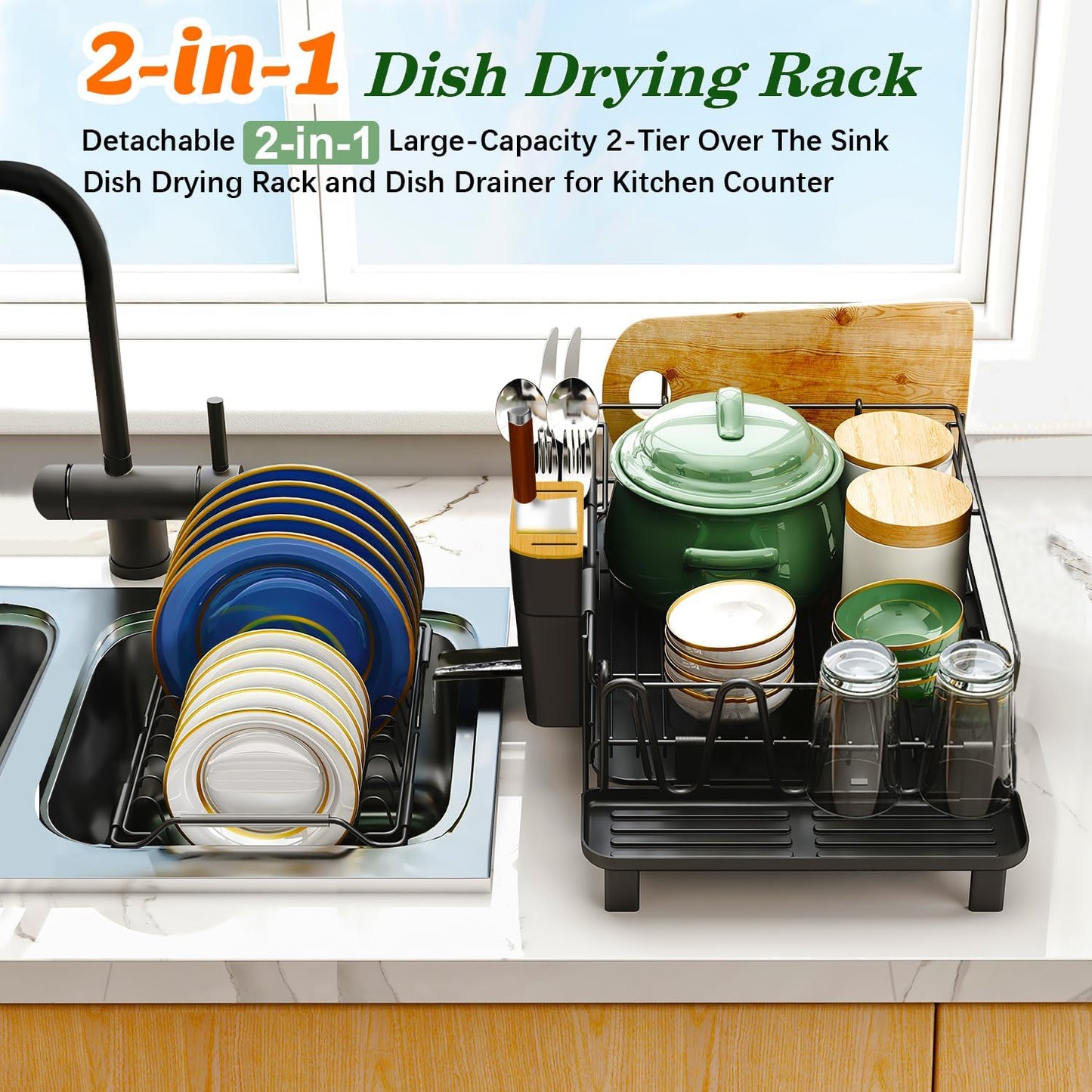 Runnatal Stainless Steel Dish Drying Rack - 2-Tier Large Capacity with Detachable Drainboard | Anti-Rust Design