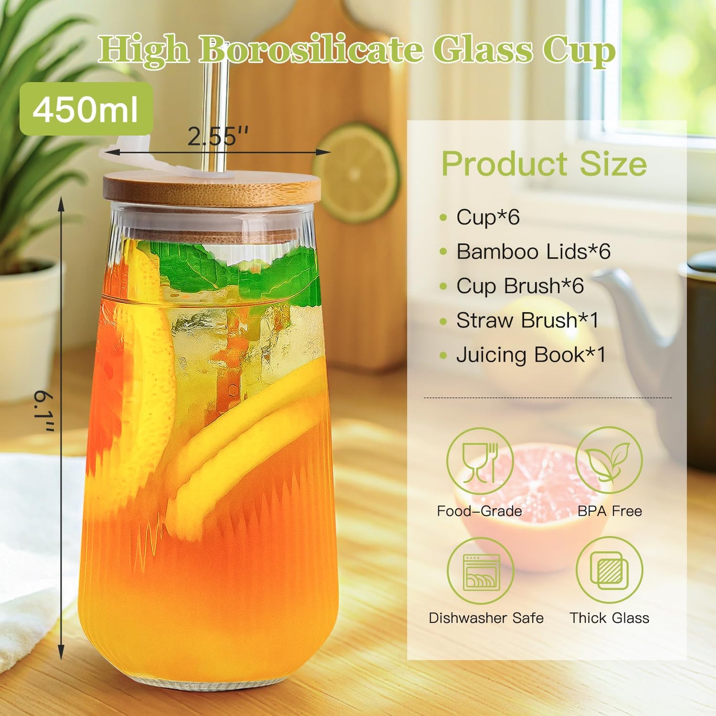 Ruckae Borosilicate Glass Cups with Lids and Straws,16oz Reusable Iced Coffee Cup with Lid Glass Cups 6 Pack for Coffee Bar Accessories,Smoothie,Juice,Durable Clear Tumbler Cups for Home,Office,Travel