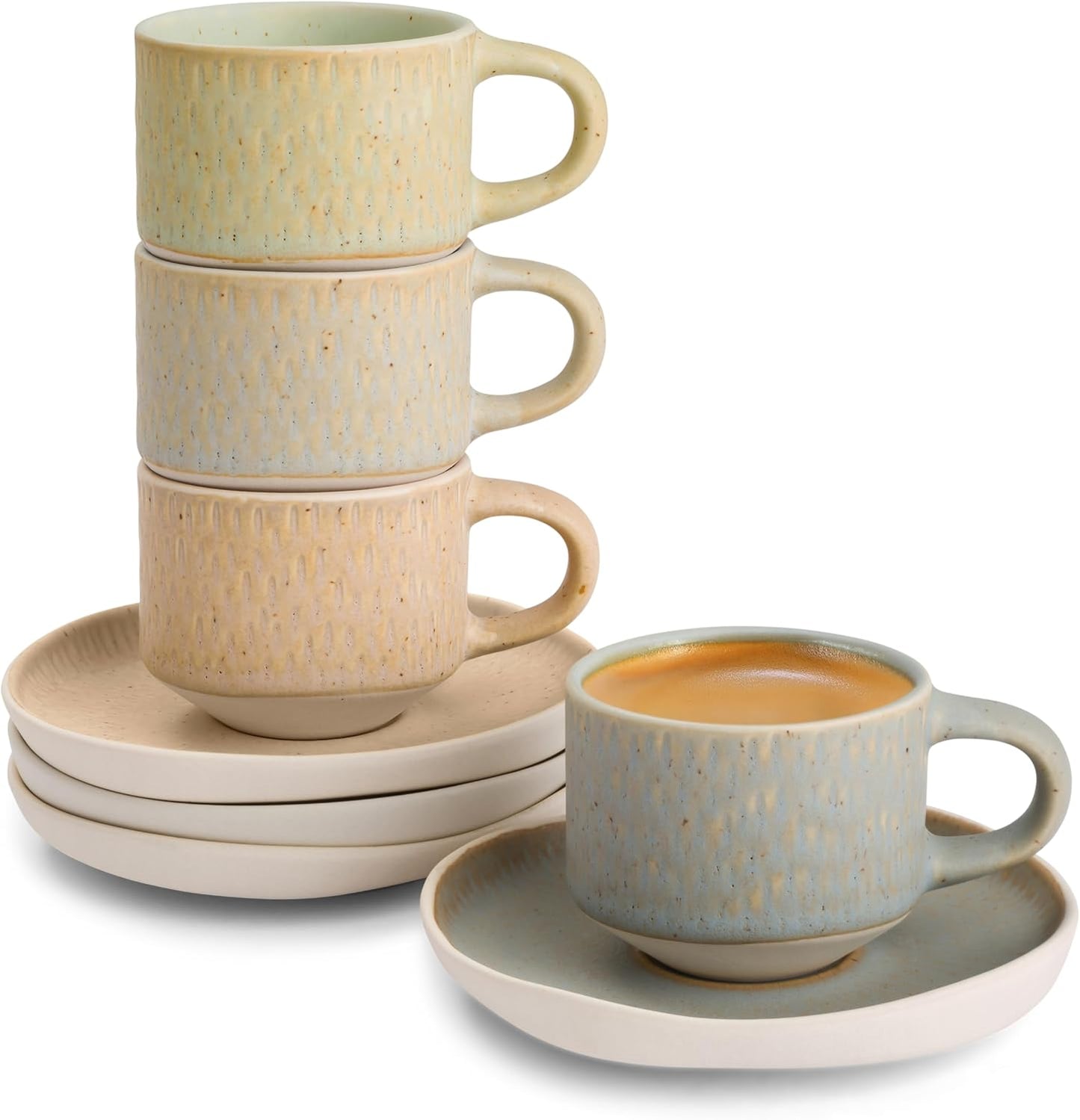 KooK Espresso Mug and Saucer Set - Rustic Ceramic Cups with Feathered Texture | Dishwasher & Microwave Safe, 2.7 oz, Set of 4