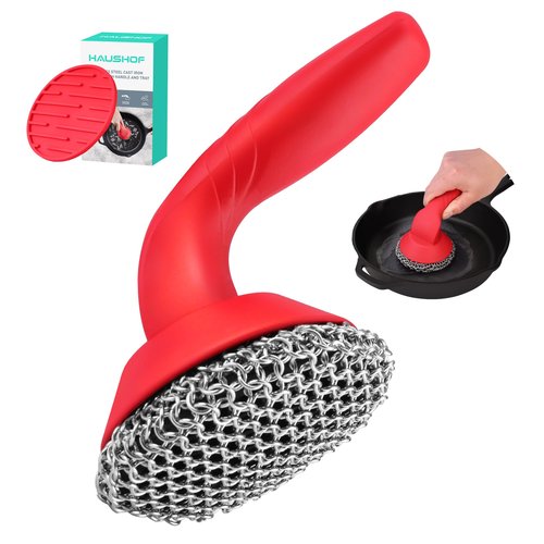 HAUSHOF Cast Iron Scrubber with Long Handle, Chainmail Scrubber Cast Iron Cleaner for Pan, Kitchen Cleaning Kit for Grill, Dutch, Oven