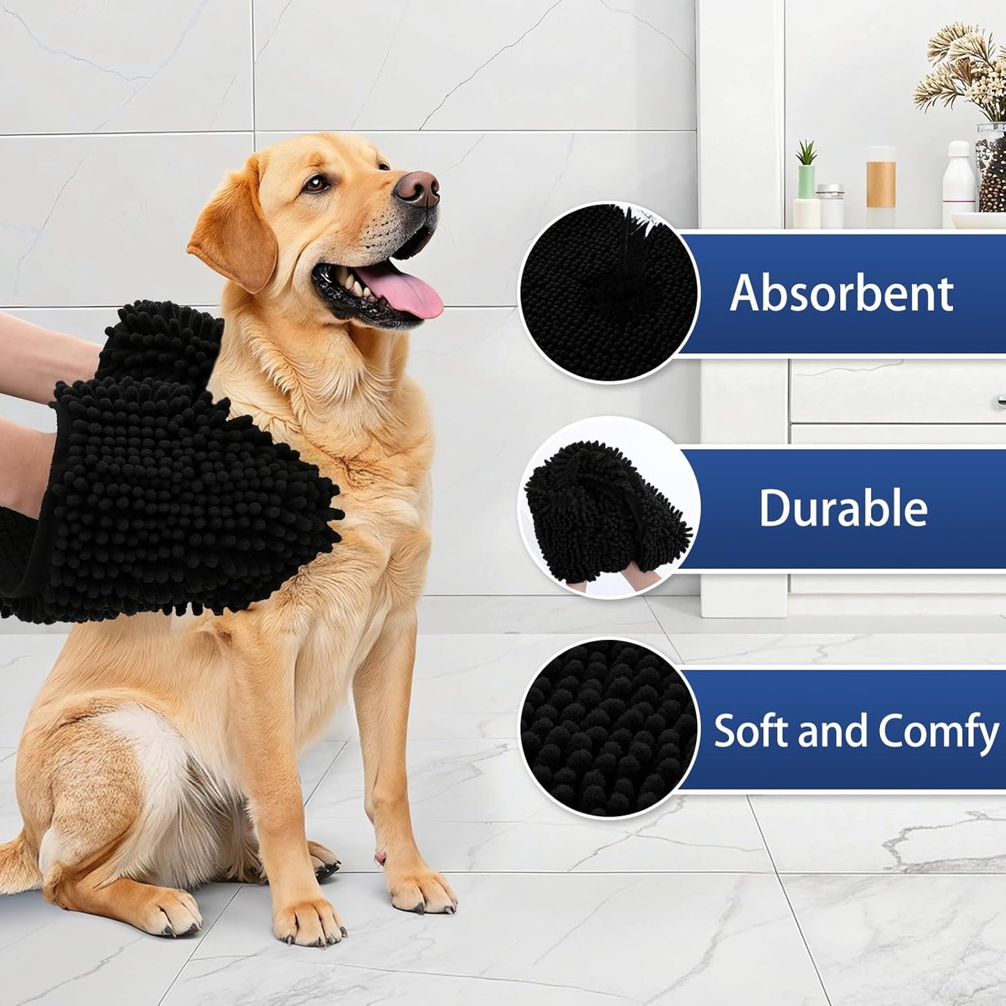 OLANLY Chenille Dog Bath Towel - Ultra Absorbent Quick Dry Plush Towel for Large Dogs & Puppies | 31x13, Black
