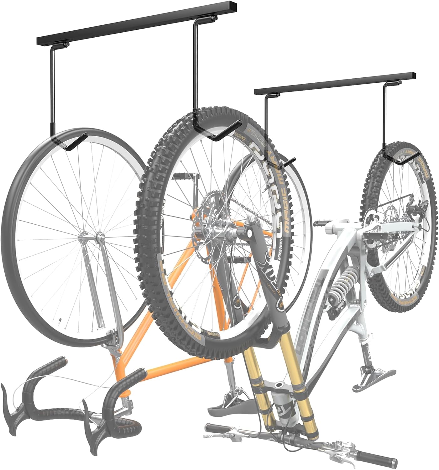 WALMANN Ceiling Mounted Bike Rack - Space-Saving Storage for 2 Bikes Horizontally or 4 Bikes Vertically