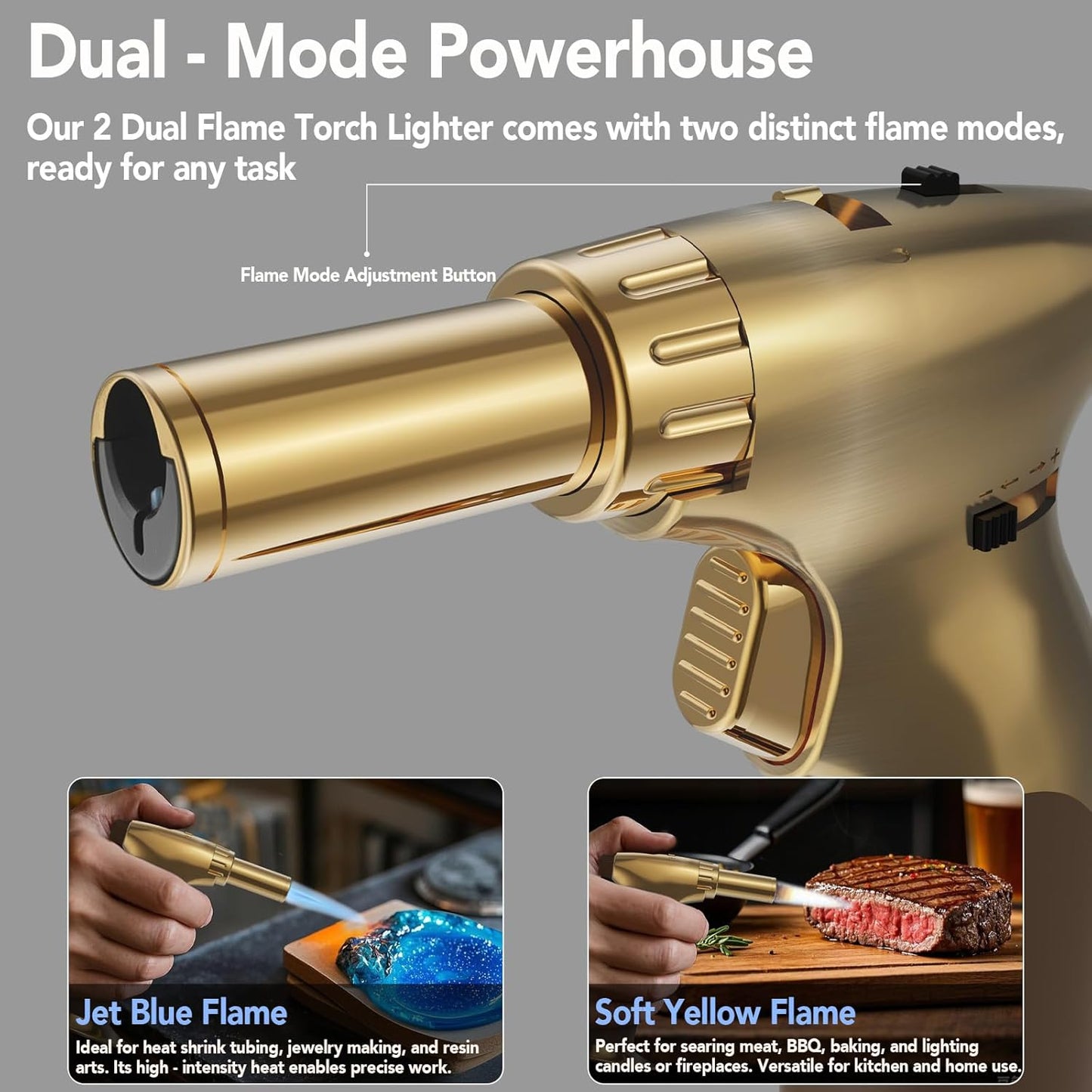 Sondiko Dual Style Butane Torch Lighter - Adjustable Flame Size | Refillable Cooking Torch in Gold