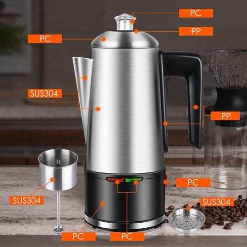 HOMOKUS Electric Coffee Percolator 12 CUPS Percolator Coffee Pot,800W Percolator Coffee Maker Stainless Steel with Clear Knob Cool-touch Handle,Coffee Pot Percolator Auto Keep Warm Function