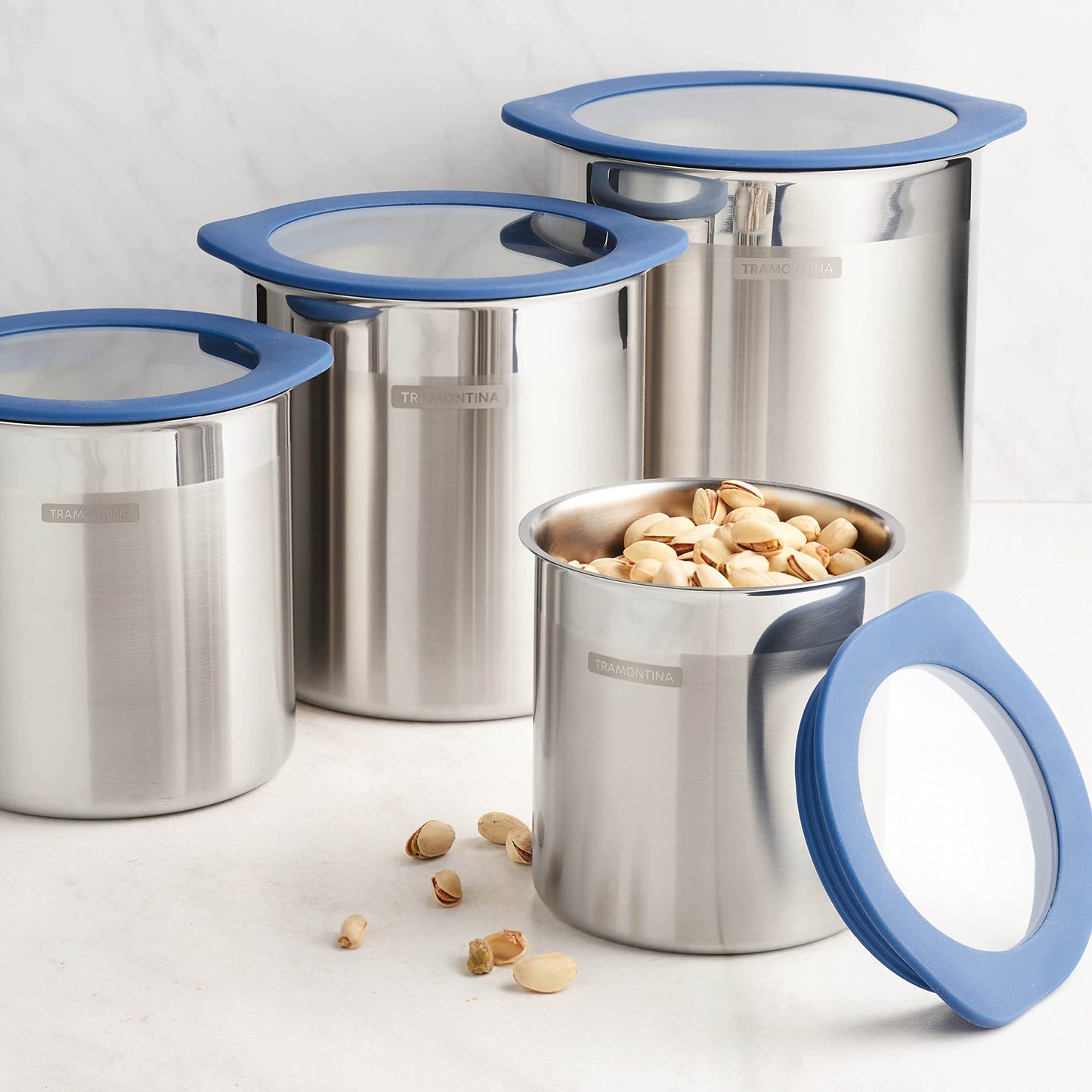 Tramontina 4-Piece Food Storage Containers with Silicone Lids, Stainless Steel Reusable Canister Set, Kitchen Pantry Organizer for Oats, Flour, Cereal, Sugar, Snacks (Blue)