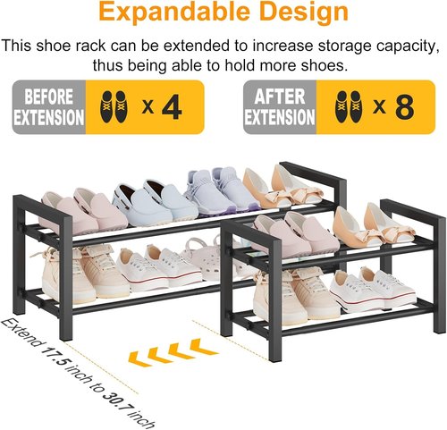 Detsuk 2-Tier Expandable Shoe Rack - Adjustable Heavy-Duty Metal Organizer (17.5"-30.7") | Durable Black Storage for Closet & Entryway