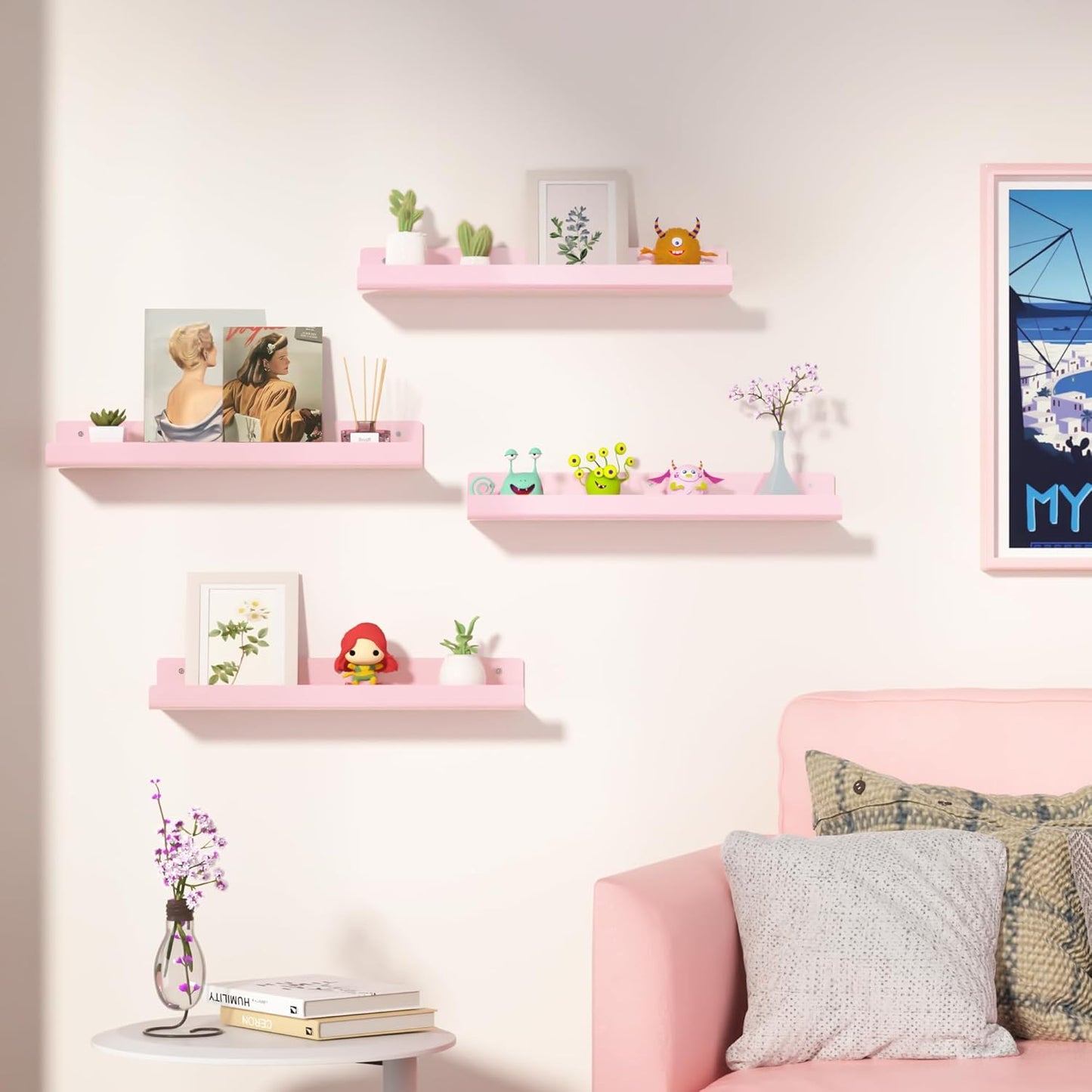 Upsimples Acrylic Wall Shelves - 15" Floating Display Shelf Set for Perfume & Books | Pink, 4 Pack