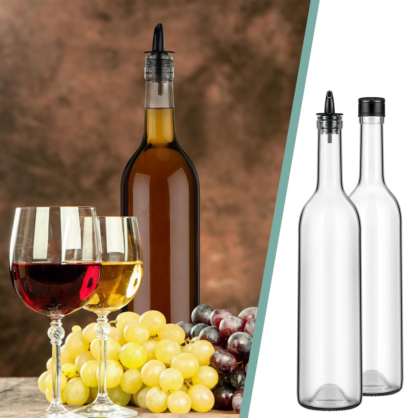 Maxdot 4 Pcs Long Neck Bottle with Pourer 750ml Glass Liquor Bottle juice Pour Bottles Syrup Bottles Glass for Home Wine Liquor Juice Making Wedding Anniversary Party(Plastic)
