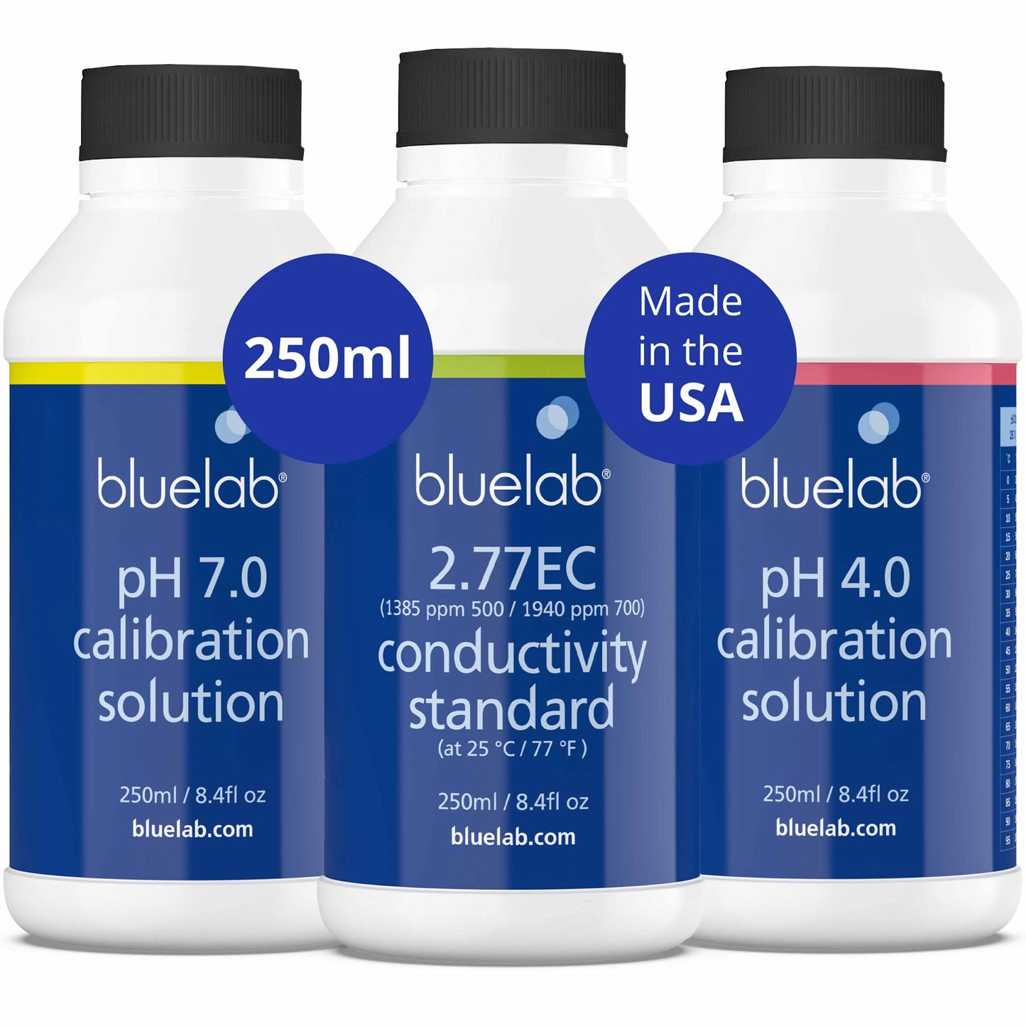 BlueLab 2.77EC Conductivity Solution, PH 7.0, and PH 4.0 Calibration Solution Set 250 Milliliters