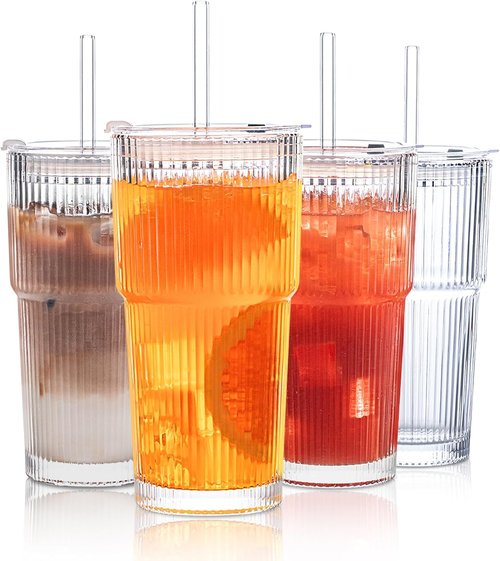 INSETLAN 20 oz Ribbed Glass Tumblers - 4-Piece Set with Lids & Straws | Durable Drinkware for Iced Coffee & Cocktails