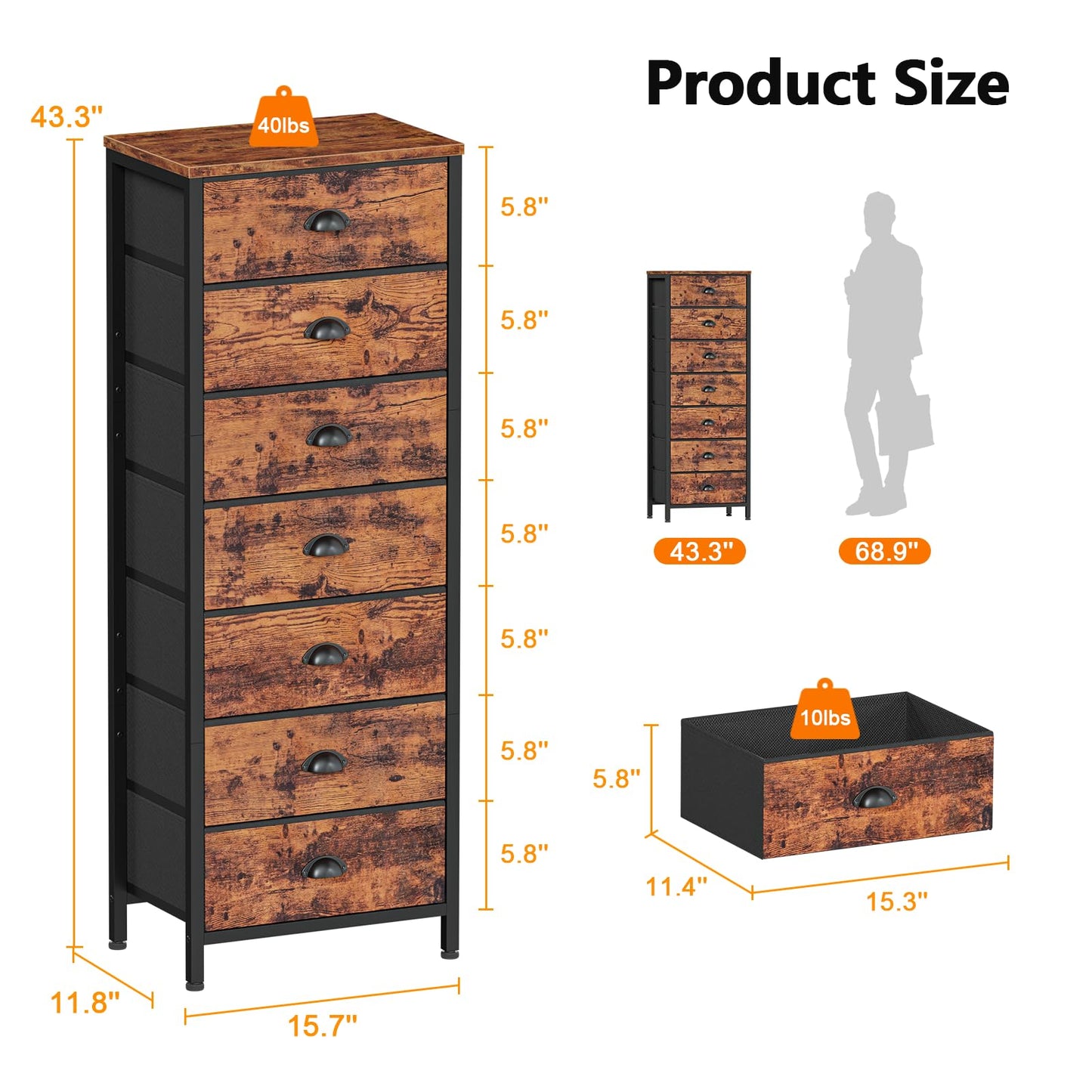 Furnulem Bedroom Dresser with 7 Drawers,Tall Industrial Fabric Chest of Drawers, Vertical Storage Tower Bedside Furniture in Living Room,Closet,Entryway-Sturdy Steel Frame(Rustic Brown)