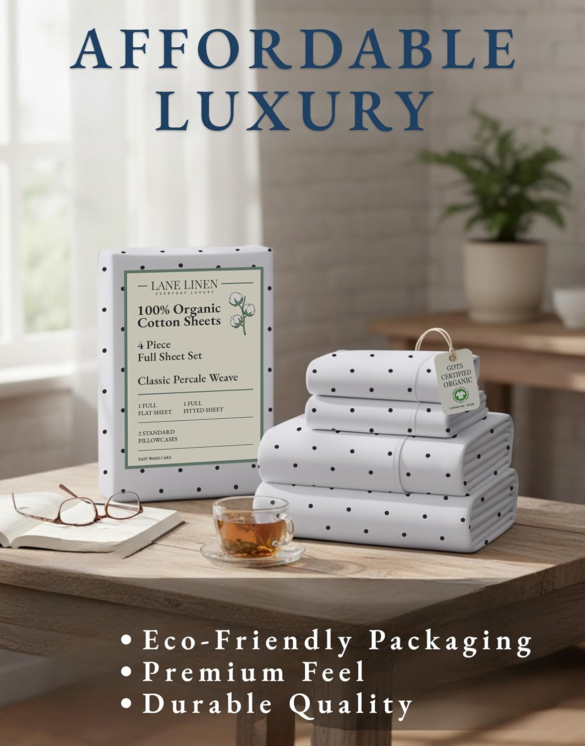LANE LINEN 100% Organic Cotton Full Sheet Set - Soft, Comfy, Eco-Friendly Percale Bedding | Polka Dot Design